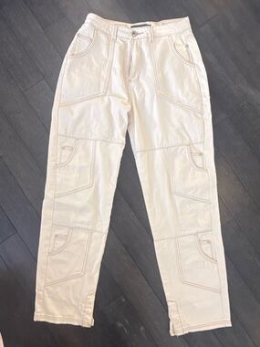 MANIERE DE VOIR WOMEN’S CARGO HIGH-RISE DENIM PANTS, SIZE UK 12, CREAM